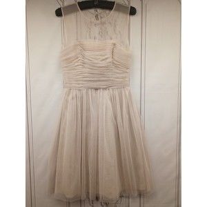 W Too Brand Short Formal Dress Tulle Sheer Taupe Ruched Bodice Illusion Neck SZ2